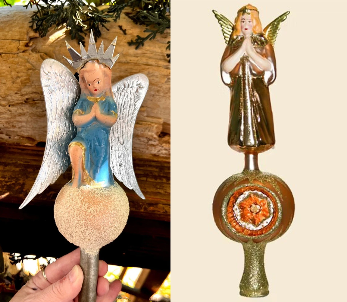 Two vintage glass angel tree toppers in 1870s