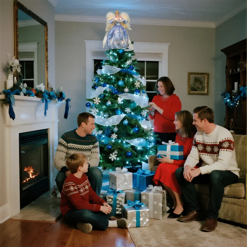 Family gathered around Christmas tree admiring a blue angel christmas tree top