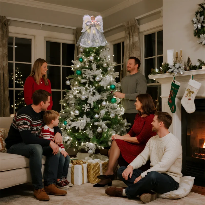 Family gathered around Christmas tree admiring a silver moving christmas tree top