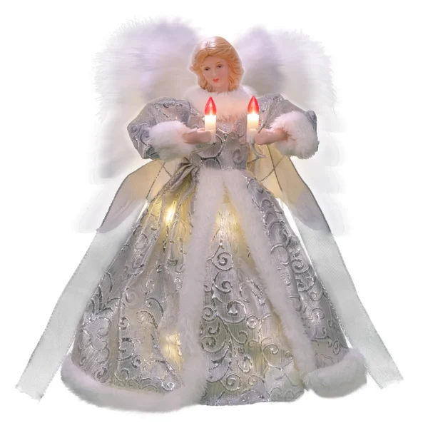 A 12-inch silver moving christmas tree top angel with led lights