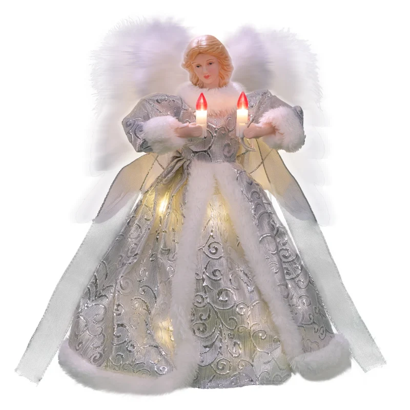 A 12-inch silver moving christmas tree top angel with led lights