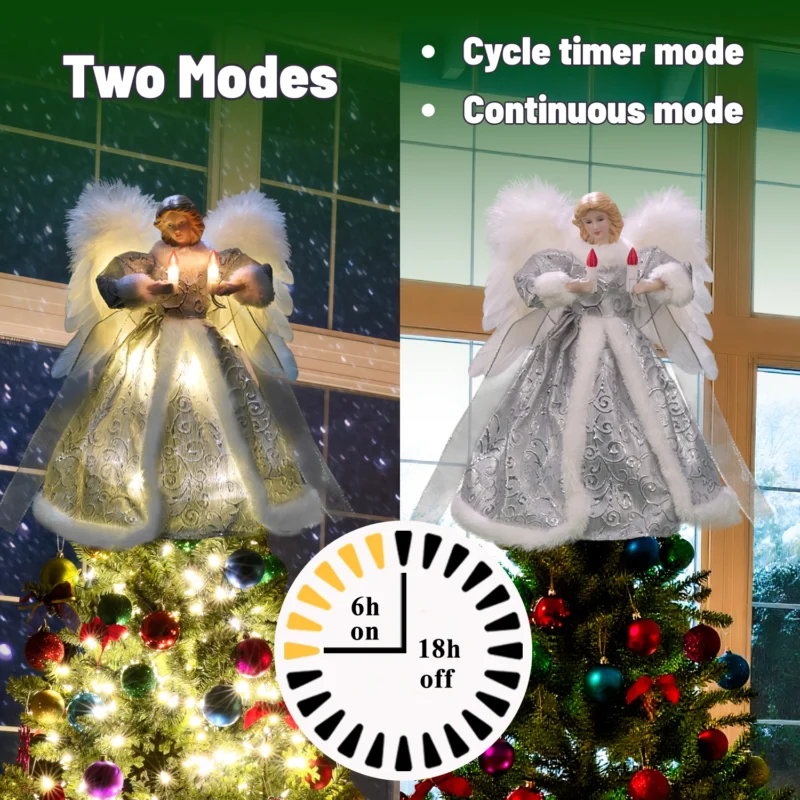 Silver moving christmas tree top featuring cycle timer mode and continuous mode
