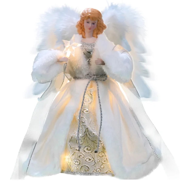 A 12-inch silver moving christmas tree top angel with led lights