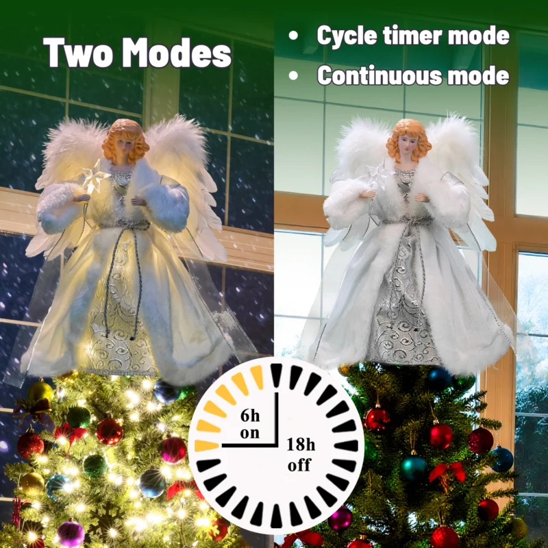 Silver moving christmas tree top featuring cycle timer mode and continuous mode