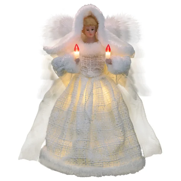 A 12-inch white moving angel tree topper with lights