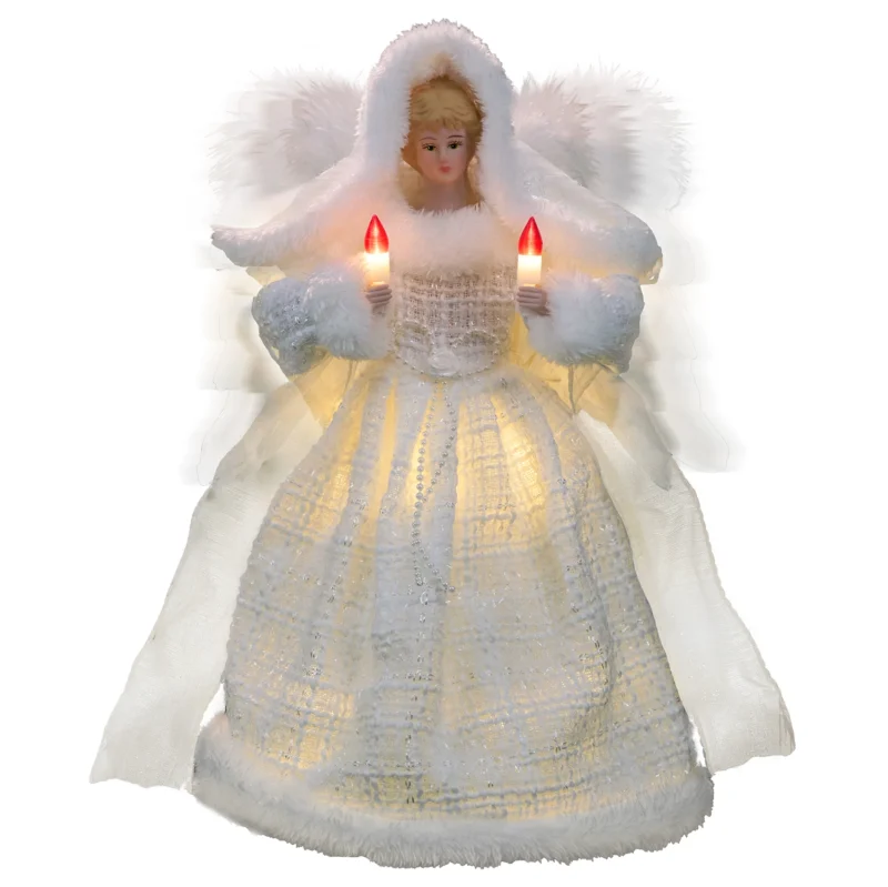A 12-inch white moving angel tree topper with lights