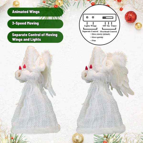 White moving angel tree topper with three-speed moving wings, independent lights and wings control
