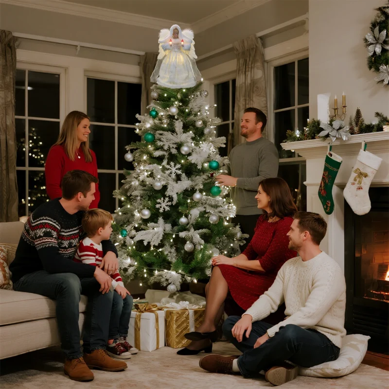 Family gathered around Christmas tree admiring a white moving angel tree topper
