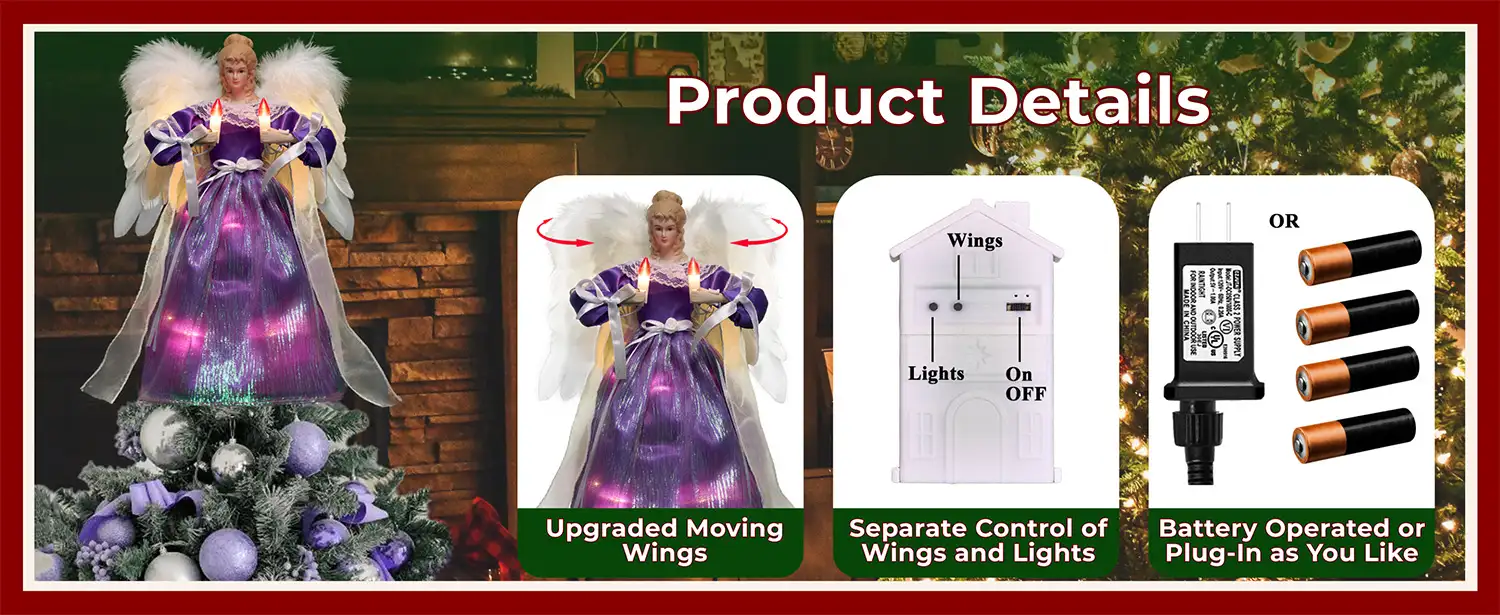 The product details of this purple moving christmas tree top angel