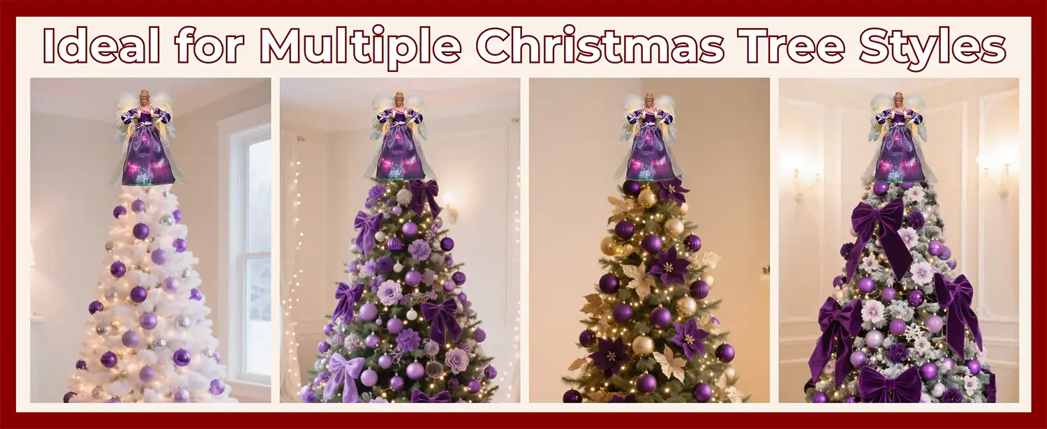 This purple angel tree topper is ideal for multiple Christmas tree styles