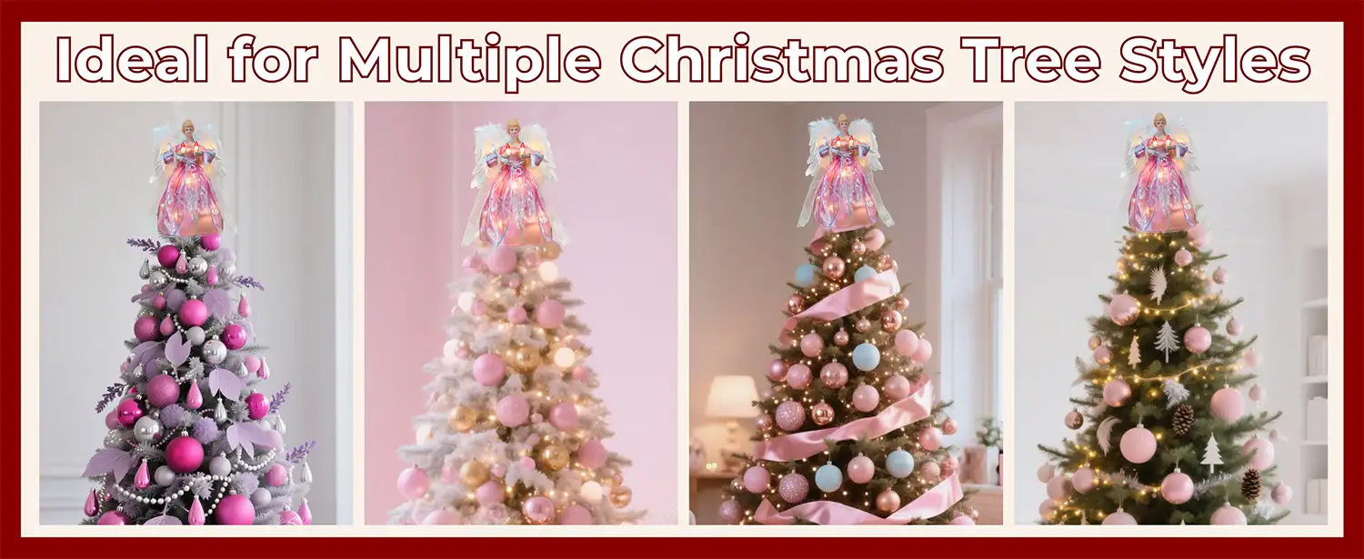 This pink angel tree topper is ideal for multiple Christmas tree styles