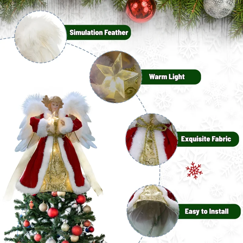 The details of this 12-inch animated burgundy red angel tree topper