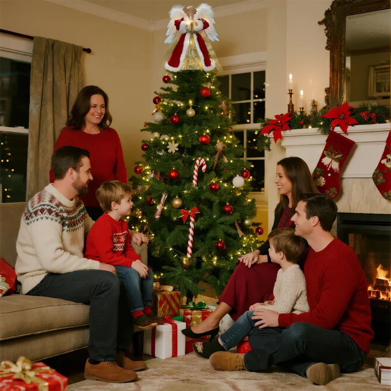 Family gathered around Christmas tree admiring an animated burgundy red angel tree topper