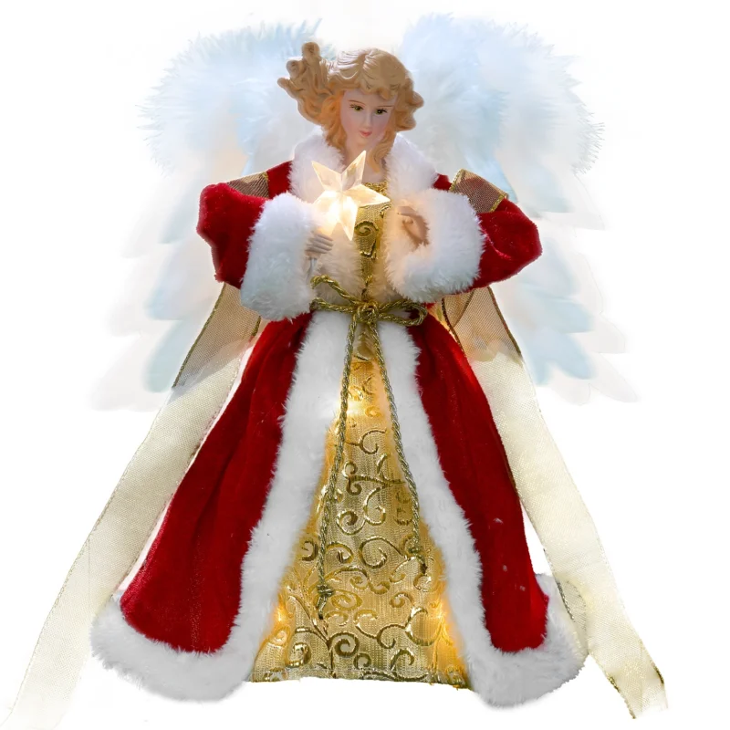 A 12-inch animated burgundy red angel tree topper with moving wings