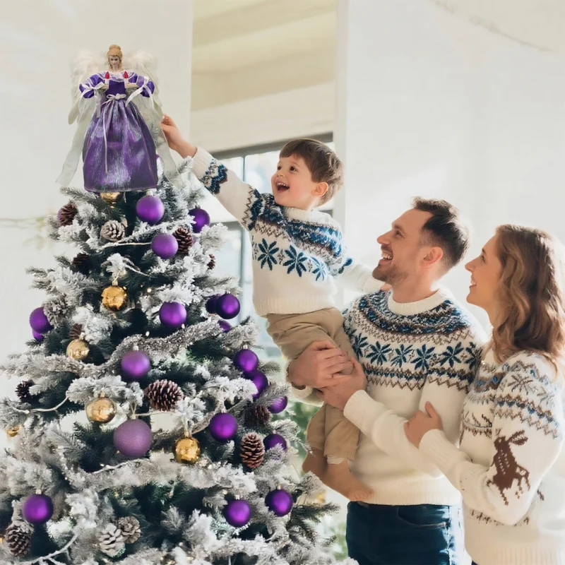 Heartwarming Christmas moment: father helps boy put angel tree topper while mother looks on smiling
