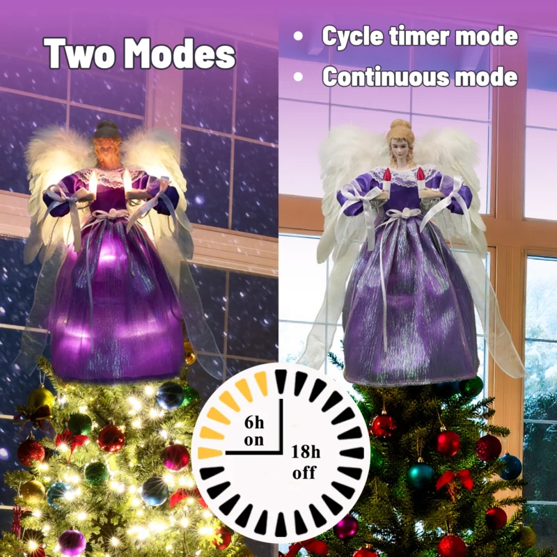 Animated purple angel tree top featuring cycle timer mode and continuous mode