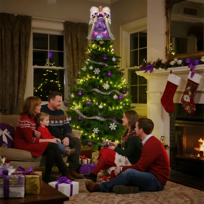 Family gathered around Christmas tree admiring an animated purple angel tree top