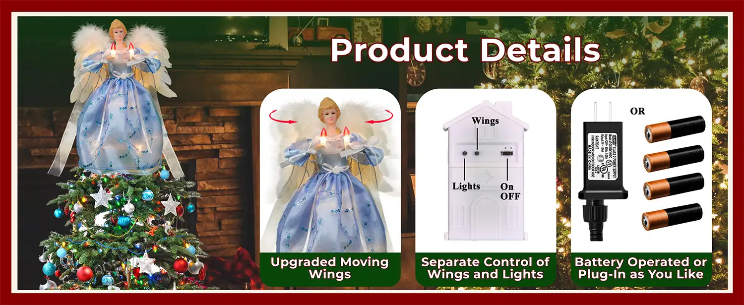The product details of this blue moving christmas tree top angel