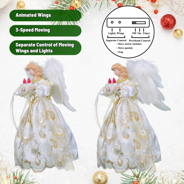 Animated gold angel christmas tree topper with three-speed moving wings, independent lights and wings control