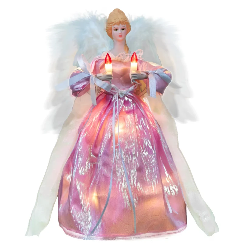 A 12-inch pink angel christmas tree top lighed with moving wings