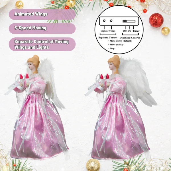 Pink angel christmas tree top with three-speed moving wings, independent lights and wings control