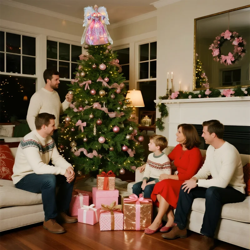 Family gathered around Christmas tree admiring a pink angel christmas tree top