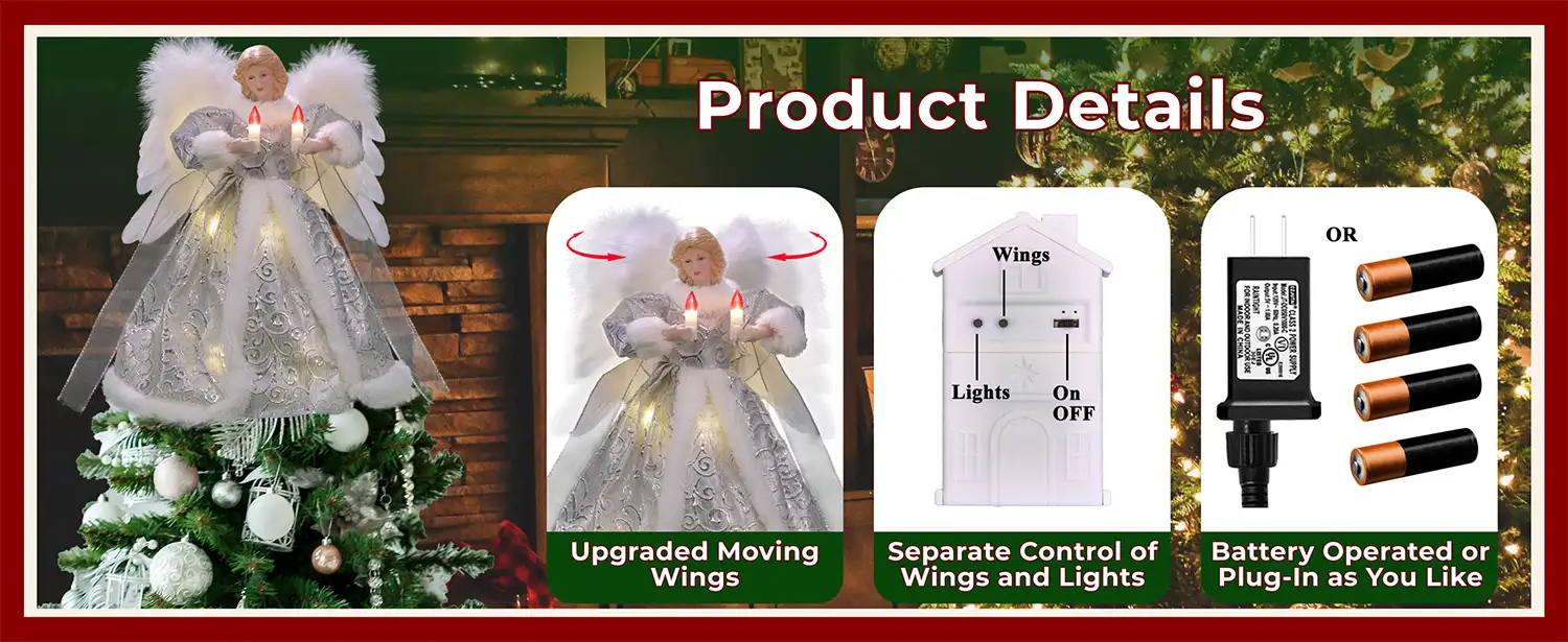 The product details of this silver moving christmas tree top angel