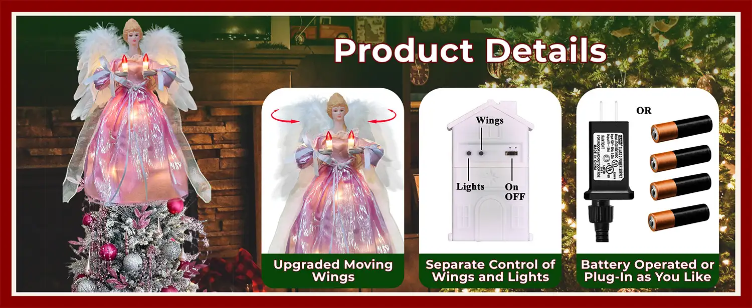 The product details of this pink moving christmas tree top angel