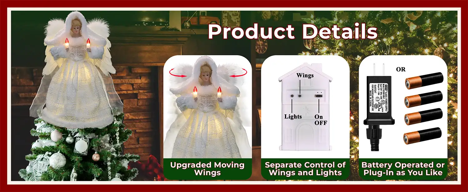 The product details of this white moving christmas tree top angel