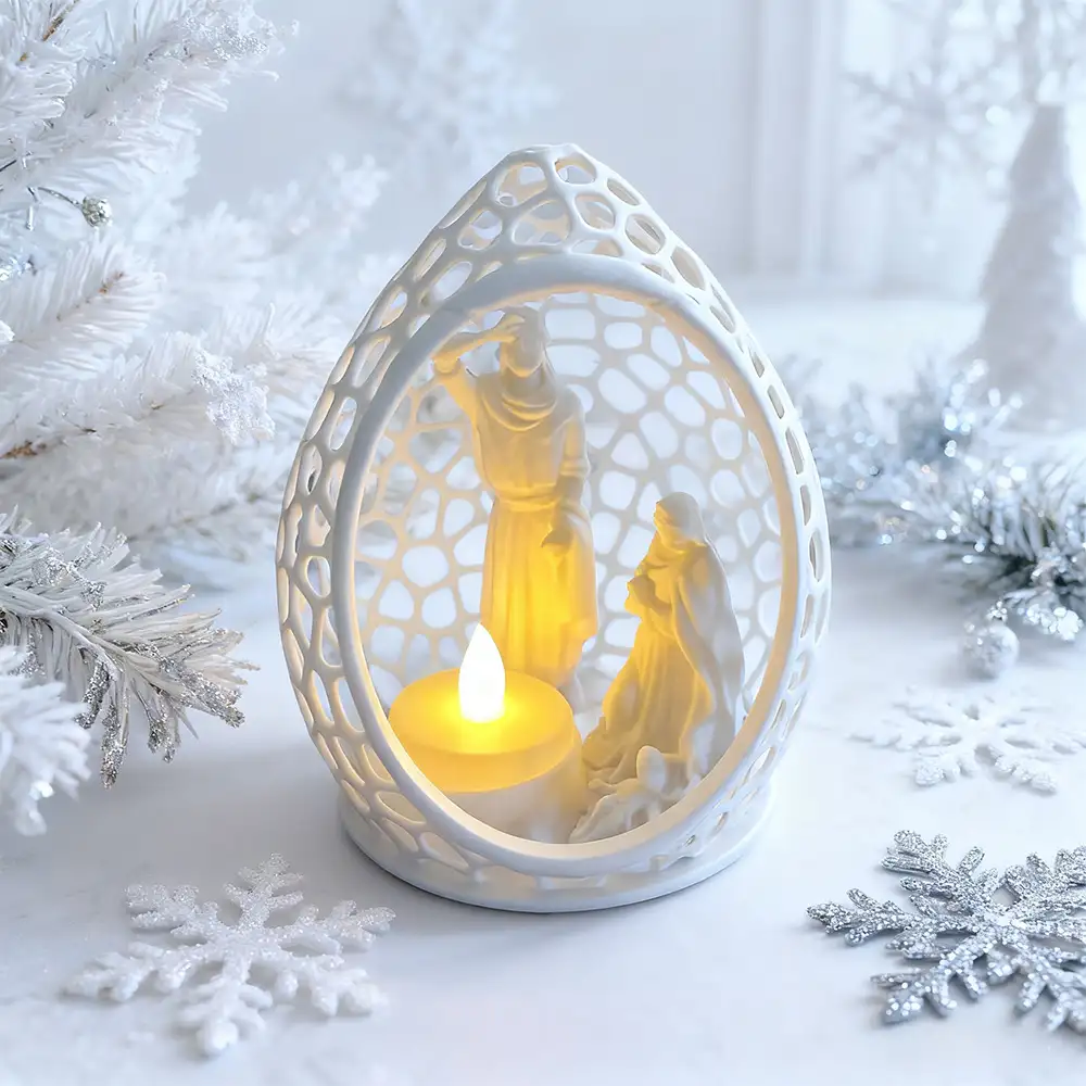 A white nativity scene undoor is on the table.