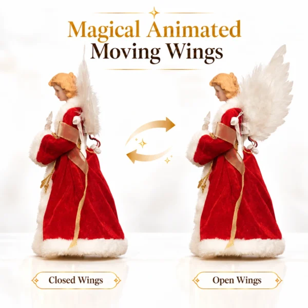Animated fiber optic angel tree topper showing closed wings and open wings motion demonstration, red iridescent gown