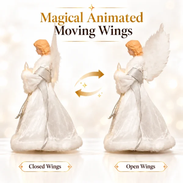 Animated fiber optic angel tree topper showing closed wings and open wings motion demonstration, silver iridescent gown