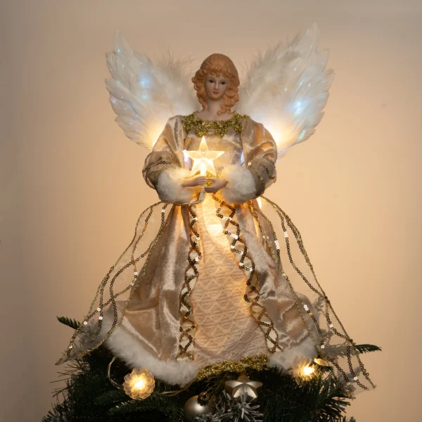Gold fiber optic angel Christmas tree topper, white feather fiber-optic wings, warm glowing star, placed on Christmas tree