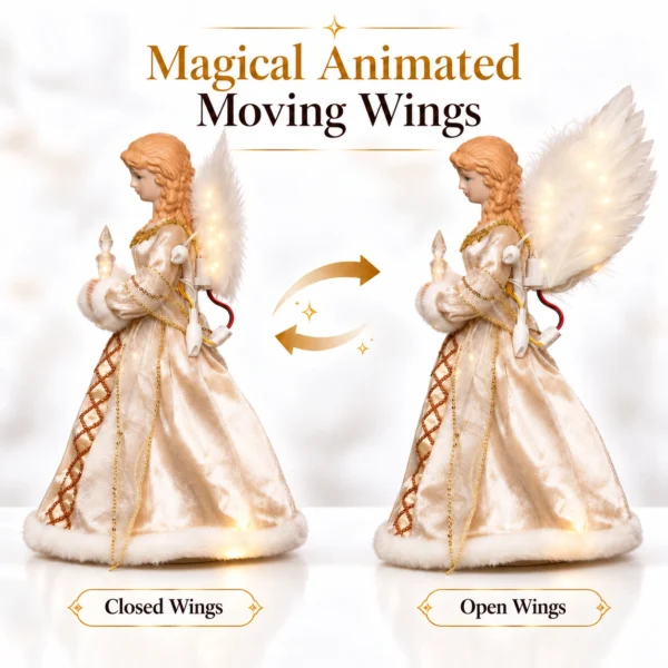 Animated fiber optic angel tree topper showing closed wings and open wings motion demonstration, gold iridescent gown