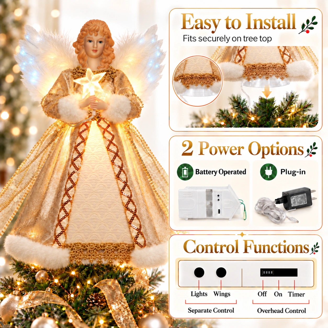 Gold light up fiber optic angel tree topper features easy tree top mount, battery and plug-in 2 power options, separate control for lights and wings with timer function