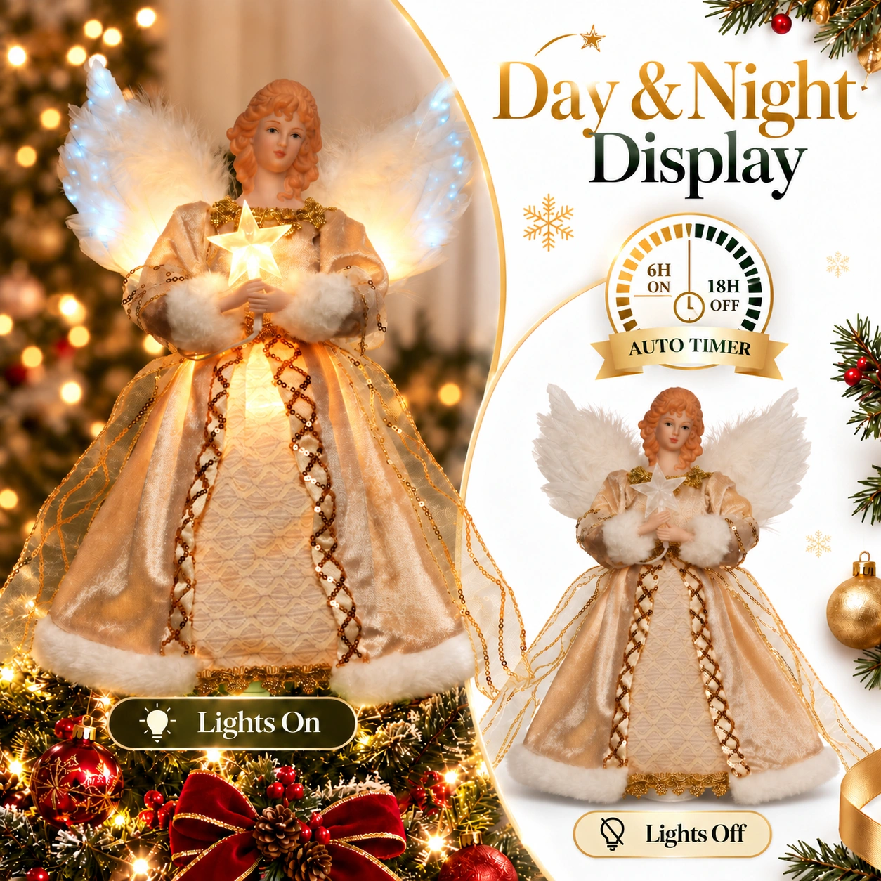 Lighted gold fiber optic angel tree topper day night display, auto timer 6 hours on /18 hours off, lights on and lights off comparison