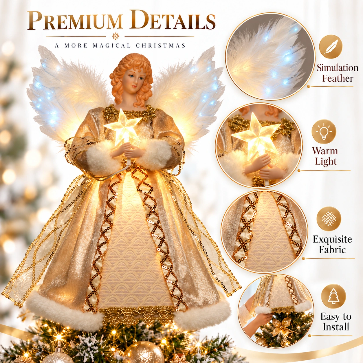 Closeup feature graphic of gold fiber optic animated angel tree topper: simulation feather wings, warm LED light, exquisite shimmer fabric, easy to install