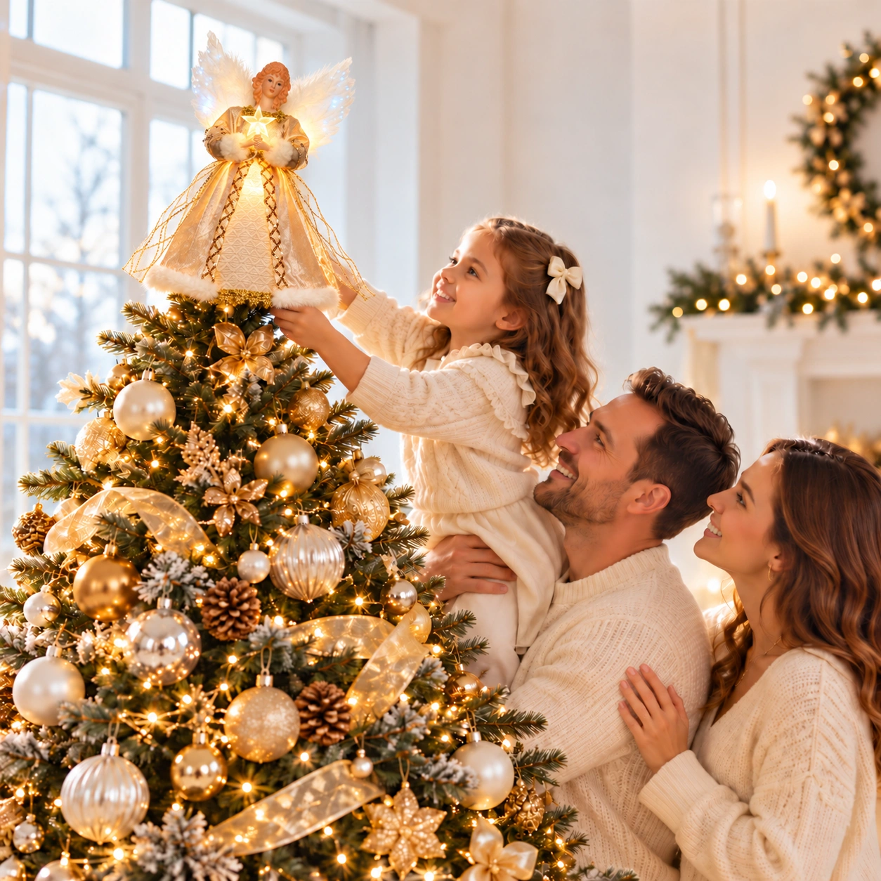 Happy family putting gold fiber optic animated angel tree topper on decorated Christmas tree