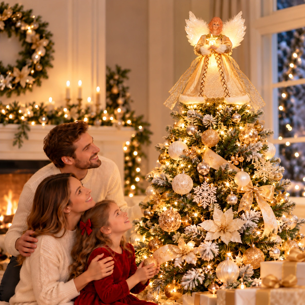 Glowing gold fiber optic angel tree topper on full decorated Christmas tree, cozy festive living room with family watching