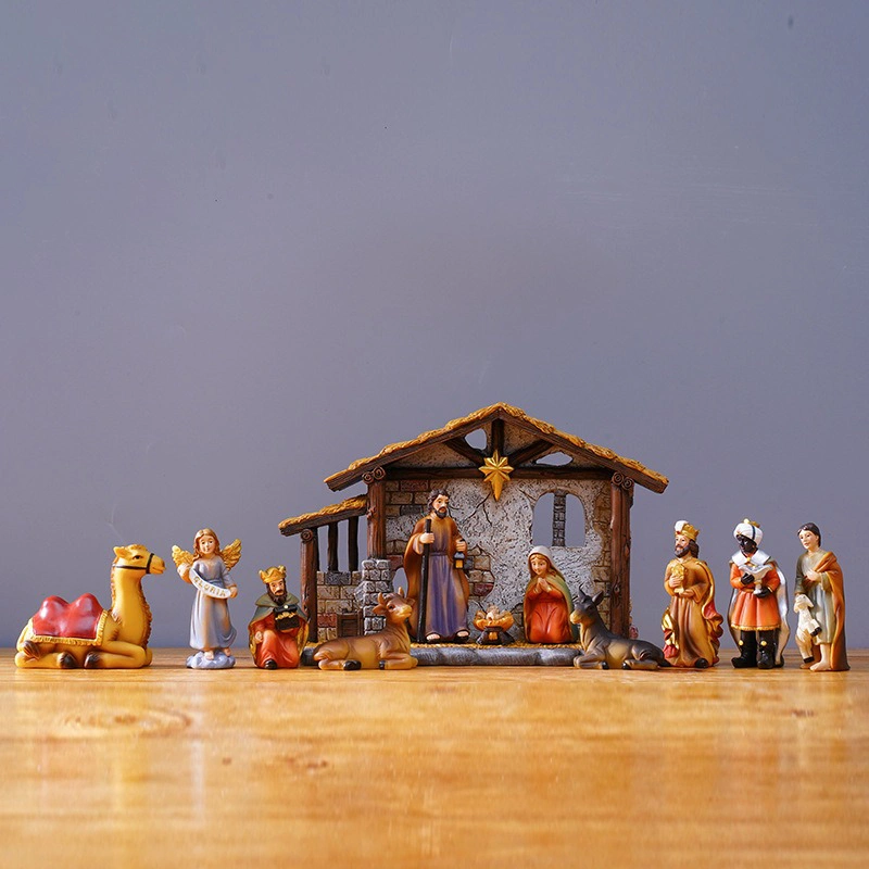 A Nativity set indoor is on the table