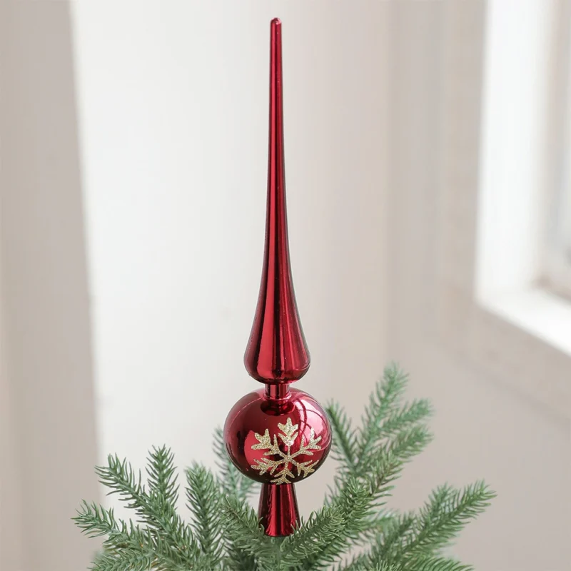 11 Inch Red Finial Tree Toppers with Gold Snowflake Sequins