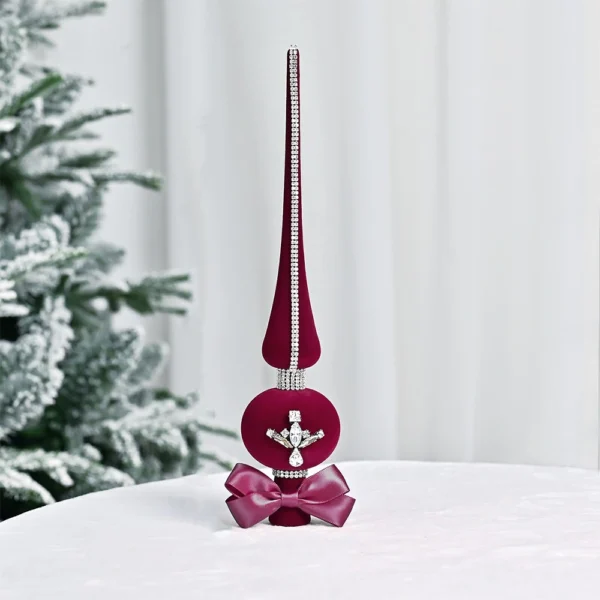 12″ Flocking Christmas Finial Tree Topper with Bowknot and Rhinestone