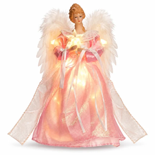 Pink Christmas angel tree topper decoration with white feather wings, warm glowing lights, holding lit star