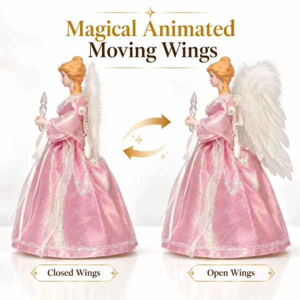 Animated angel tree topper showing closed wings and open wings motion demonstration, pink iridescent gown