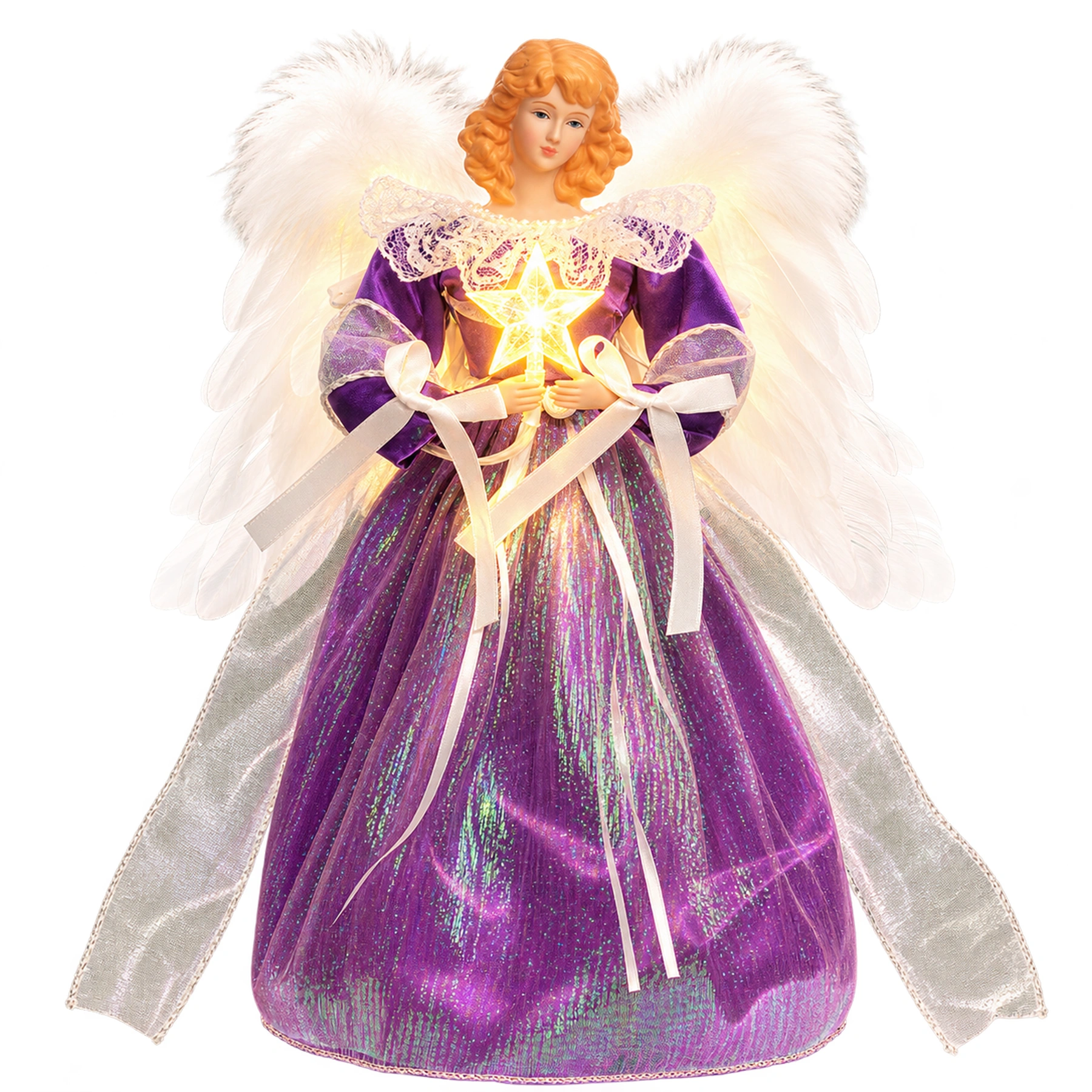 Purple Christmas angel tree topper decoration with white feather wings, warm glowing lights, holding lit star