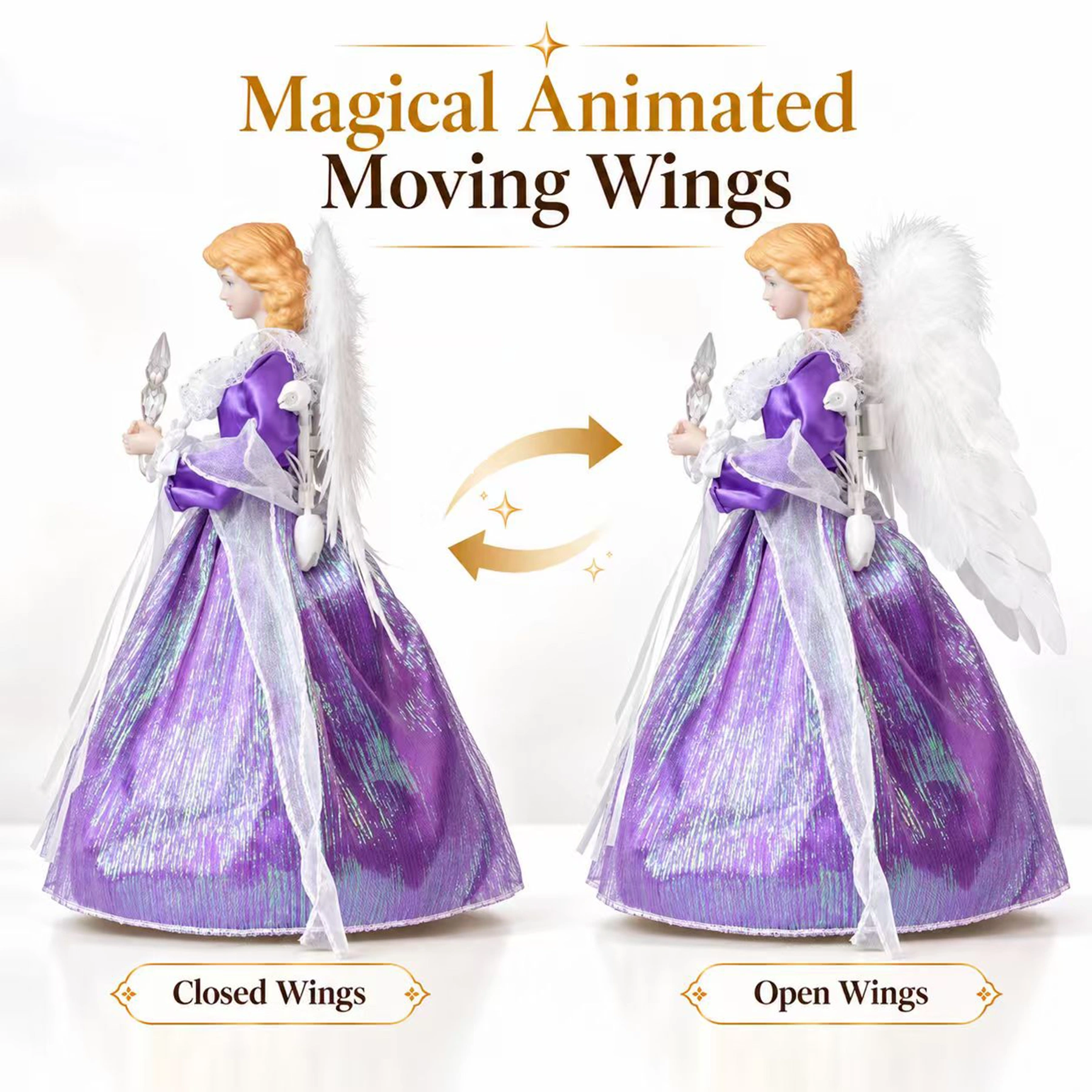 Animated angel tree topper showing closed wings and open wings motion demonstration, purple iridescent gown