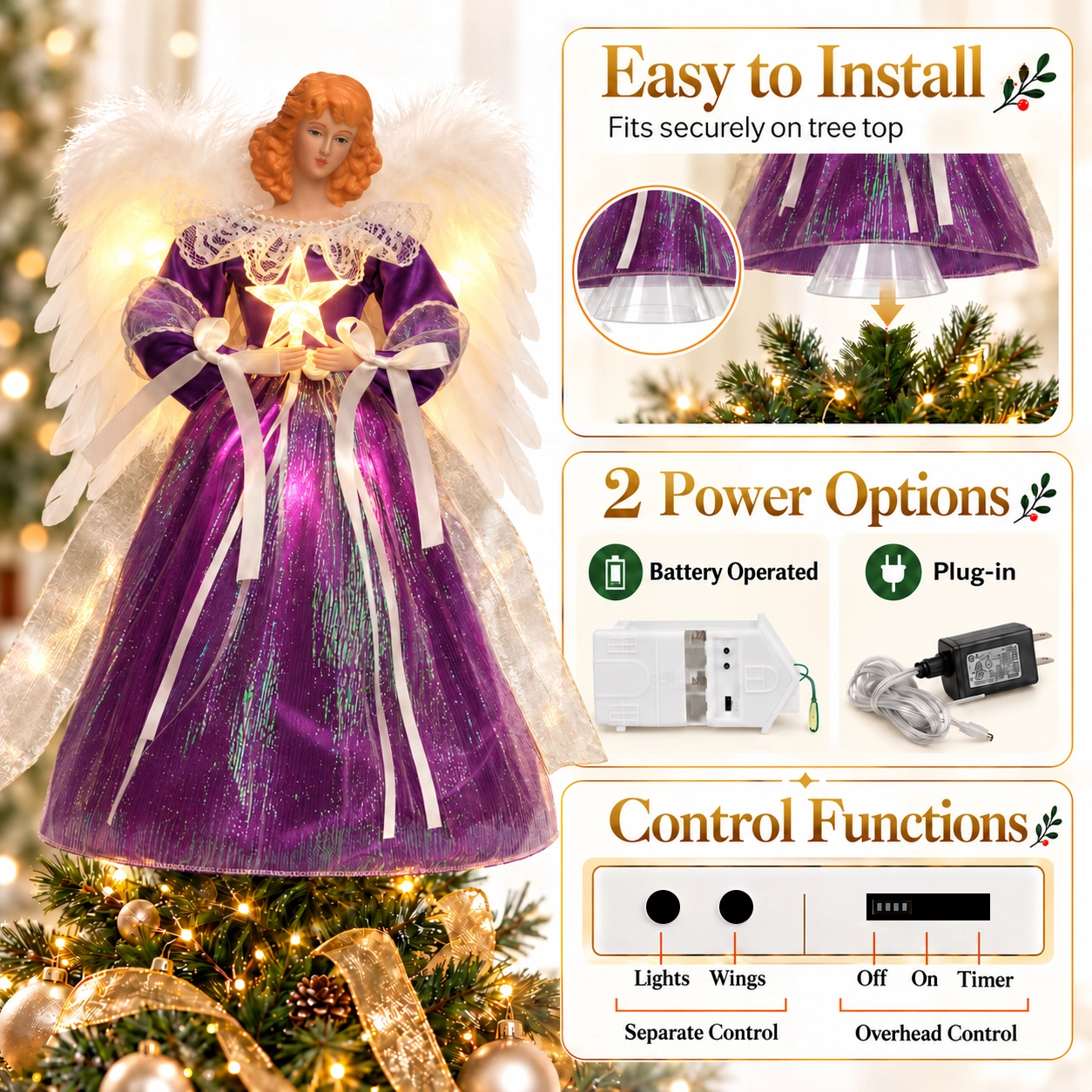 Purple light up angel tree topper features easy tree top mount, battery and plug-in 2 power options, separate control for lights and wings with timer function