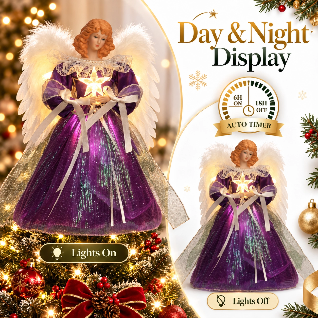 Lighted purple angel tree topper day night display, auto timer 6 hours on /18 hours off, lights on and lights off comparison