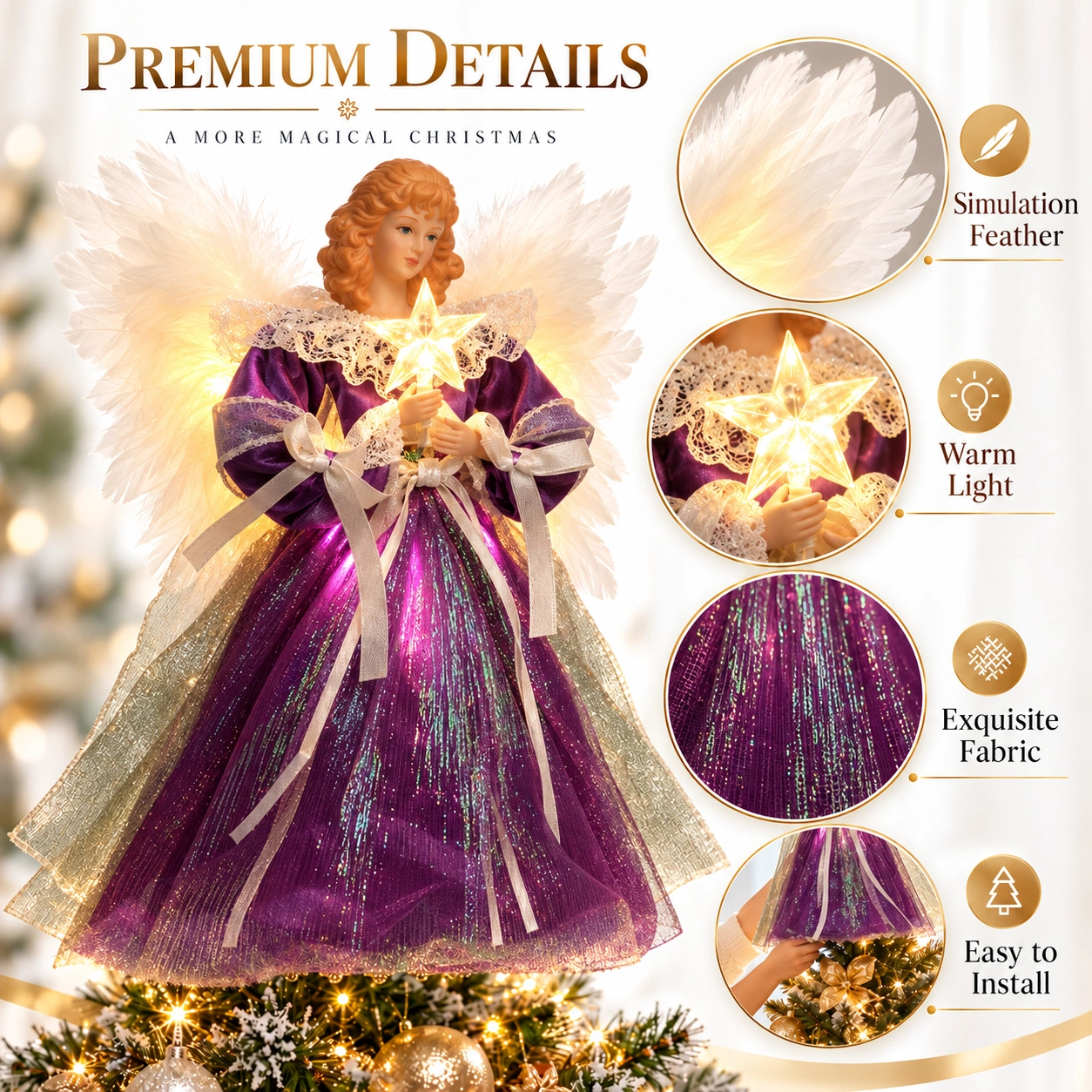Closeup feature graphic of purple animated angel tree topper: simulation feather wings, warm LED light, exquisite shimmer fabric, easy to install