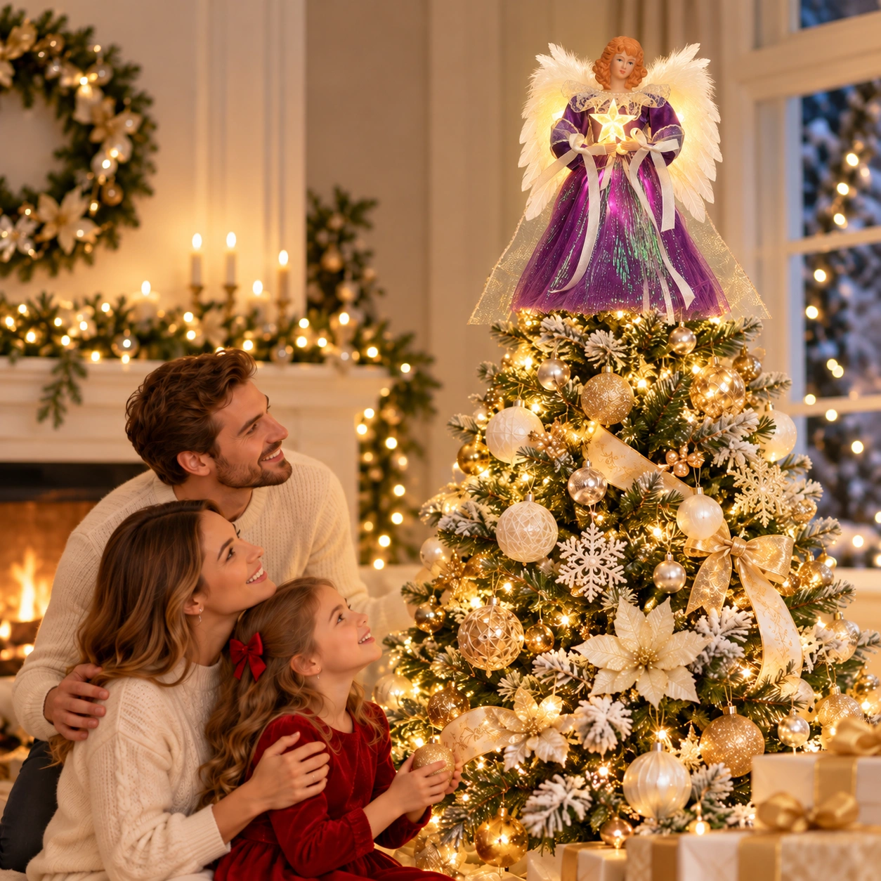 Glowing purple moving-wing angel tree topper on full decorated Christmas tree, cozy festive living room with family watching